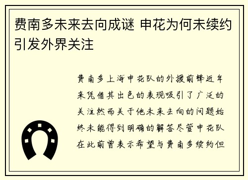 费南多未来去向成谜 申花为何未续约引发外界关注 费南多未来去向成谜 申花为何未续约引发外界关注