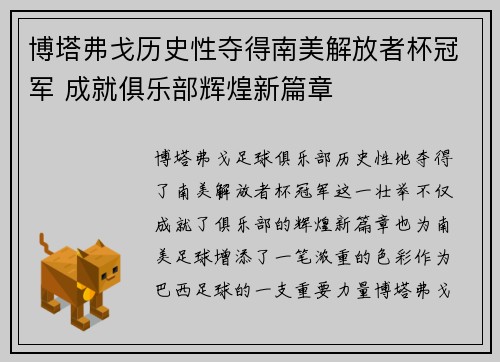 博塔弗戈历史性夺得南美解放者杯冠军 成就俱乐部辉煌新篇章